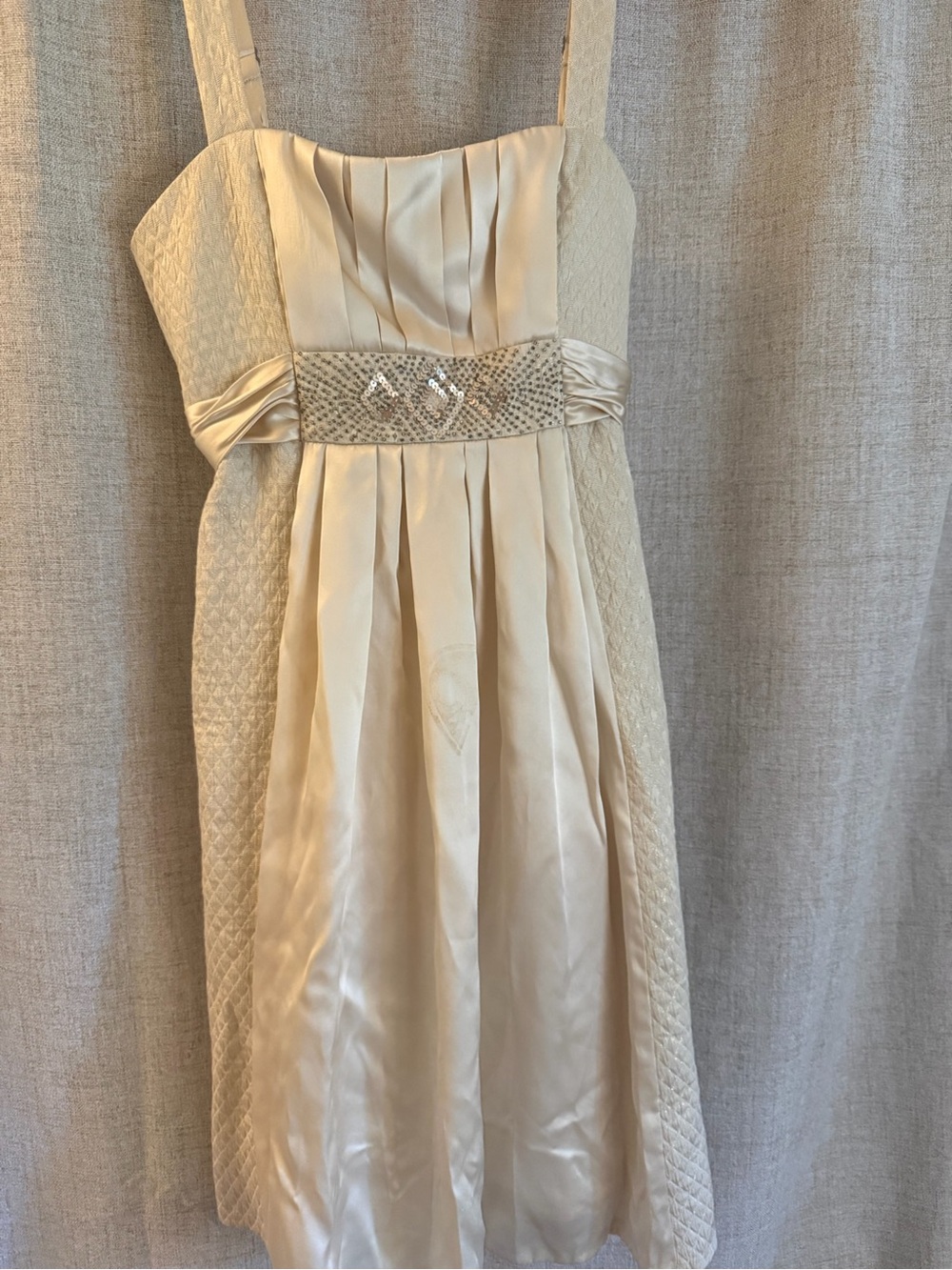 Silk BCBGMaxAzria Ivory Satin Pleated Dress with Beaded Waistband - Picture 3 of 10